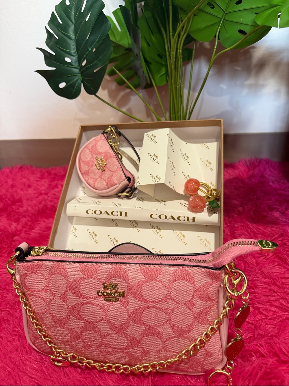 Coach Pink Signature Canvas Chain Shoulder Bag with Coin Pouch